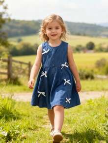 1pc Young Girl' Outdoor Vacation Minimalist Fashion Niche Sweet Cute 3D Bow Ribbon Decor Classic Washed Blue Denim Jumper Dress - Dark Wash - View 3