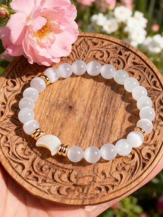 YAUKIA Inner Peace Bracelet, Calm Energy Celestial Crescent Moon Bracelet , Selenite Pearl For Spiritual Cleansing, Gift