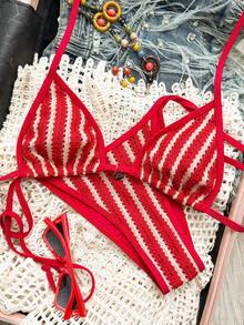Bikini de SunTide con textura a rayas rojas y blancas, bikini triangular con tirantes y adorno dorado, conjunto de 2 piezas, atrevido y sexy para la playa en verano - Rosa Fucsia - Ver 8