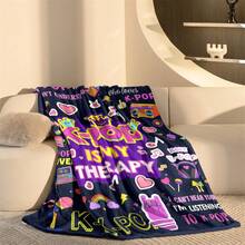 1件K-POP主题柔软绒毯，深蓝色底，饰以霓虹粉、黄色图案 - 轻盈透气，四季皆宜，非常适合沙发、床、沙滩、露营、万圣节和生日礼物，可机洗 - 彩色 - 查看 3
