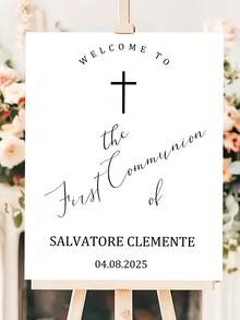 可客製化「歡迎參加 Salvador Clement 的初次領聖體」標誌 - 優雅花卉十字架設計，適合洗禮與初次領聖體慶典，宗教裝飾 | 優雅手寫字體 | 耐用 - 彩色 - 查看 6