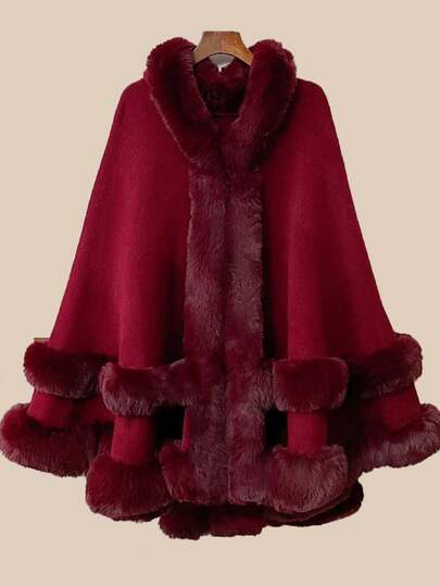 1pc Solid Color Double-Layer Faux Fur Hooded Shawl, Cute & Elegant Women Outerwear, Dress Topper, Suitable For Parties, Events, Holiday Gifts