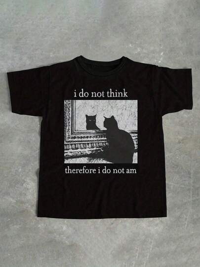 Camiseta de Moda para Mujeres con Estampado de Letras de Gato, Cuello Redondo y Manga Corta, Ropa de Fiesta de Elemento de Temporada de Primavera/Verano, Top Casual Vintage Popular, Holgado, Cómodo y Transpirable, Esencial para el Verano