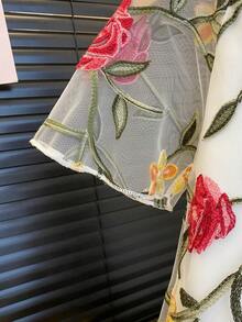 Girls Fashionable Floral Embroidered Tulle Princess Dress, Summer - White - View 4