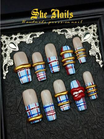 DIY Cute Baroque Y2K Blingbling Nail Art Fake Nail Look With 10pcs Red Nails White Nails Gold Nails Shinning Nais Flower Nails Long And Extra Long Square Shape Handmade Acrylic Press On Nail Long Square Red Nail Sparkling French Tip Nails Full Cover Color Diamonds Hand Drawn 3d Ripples Polka Dots Fish Scales