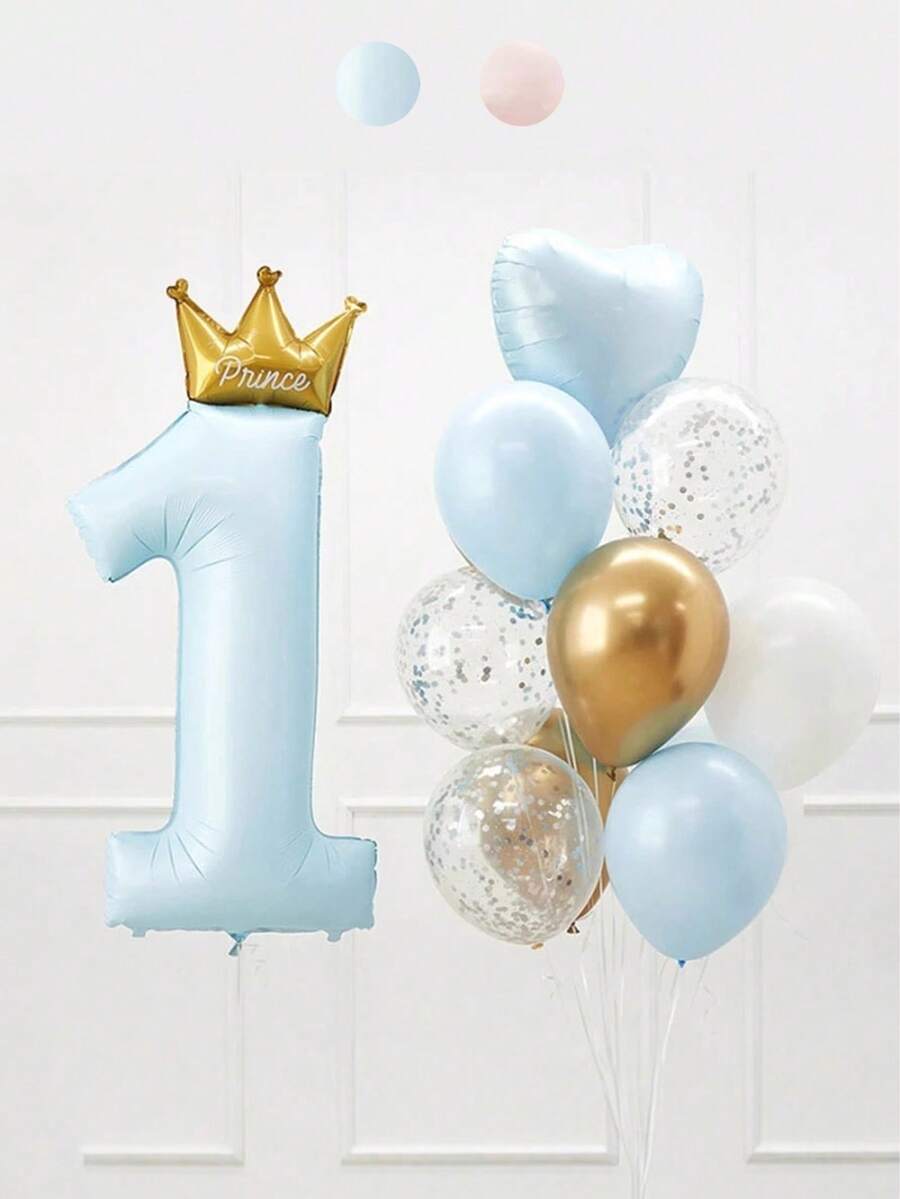 12件套一周岁生日气球装饰套装，包含40英寸数字“1”气球、大型氦气皇冠气球、粉色/蓝色铝箔气球，适合男宝宝/女宝宝派对装饰 - 彩色 - 查看 1