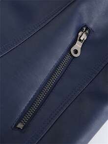 Áo khoác da giả dáng ôm dành cho nữ, Áo khoác mô tô mỏng, Cổ đứng, Áo khoác ngoài Xuân/Thu - Màu xanh hải quân - Xem 9