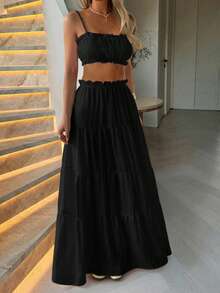 女士波西米亚休闲度假风复古优雅乡村街头风少女学院风极简日常通勤嘉年华单身派对假日西部嬉皮风两件套夏季套装,音乐节穿搭,复活节穿搭,白色抹胸上衣,白色吊带背心,露脐背心,两件套半裙套装,白色两件套,无袖吊带背心,沙滩装 - 黑色 - 查看 9