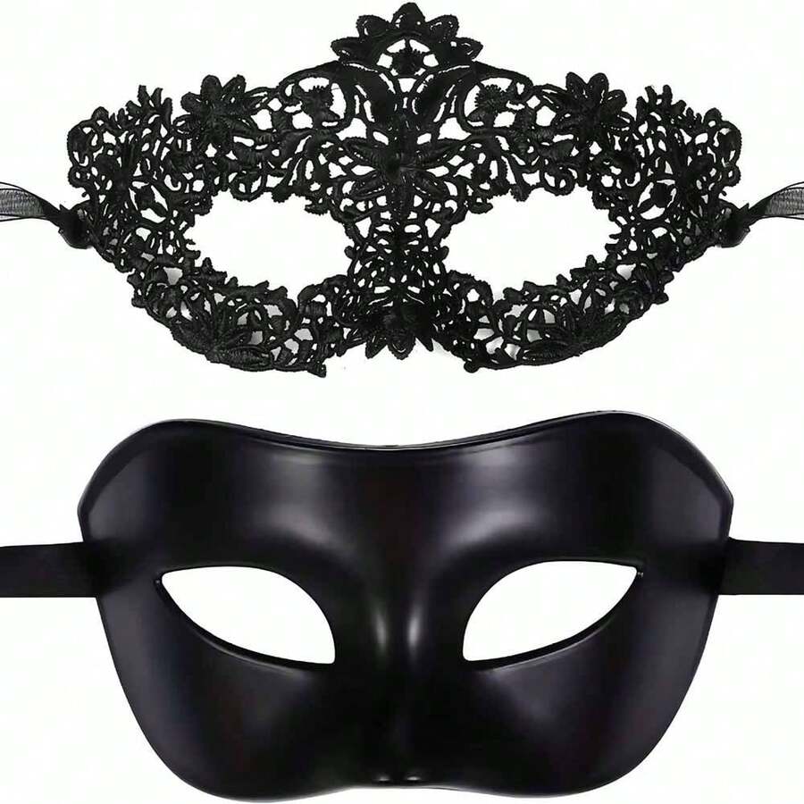 Set de 2 máscaras de pareja, máscara de encaje negro de reina para mujer, máscara de media cara para hombre, adecuada para baile de máscaras, carnaval, festivales románticos, gala, accesorios del Día de San Valentín - Multicolor - Ver 1
