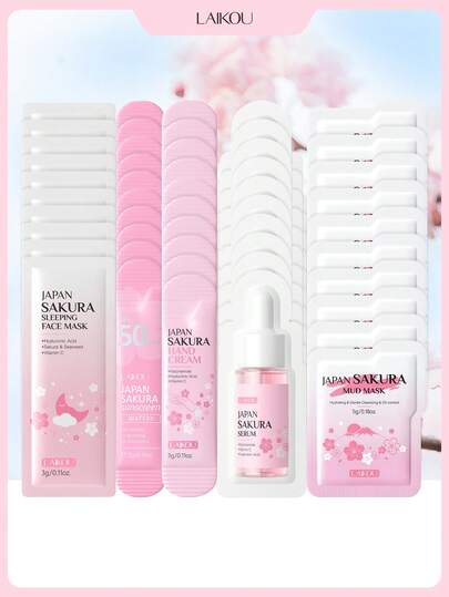 LAIKOU 50 قطعة من حزمة العناية بالبشرة للسفر باستخدام مواد آمنة غير مسببة للحساسية للبالغين، تشمل مركبات الجلسرين للعناية بالبشرة، 5 أنواع مختلفة شاملة: قناع الوجه المرطب لليلة السفر، كريم اليدين المرطب، خلاصة الترطيب، قناع الطين المنظف، سيروم مضاد للتجاعيد، واقي شمس SPF50+، للعناية الذاتية وعيد الأم ومستحضرات التجميل