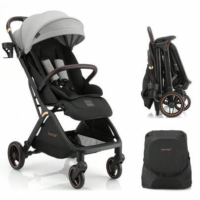 Gromast Gravity Folding Baby Stroller V2.0 - Portable Travel Toddler Stroller W/Adjustable Backrest, Canopy & Cup Holder, Lightweight And UV Protected, One-Hand Automatic Folding - Light Gary