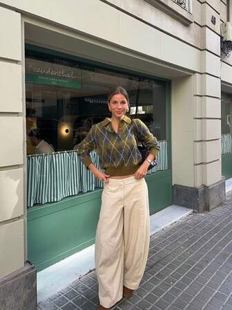 Autumn/Winter New European & American Style Fashion Minimalist Versatile Rhombus Pattern Polo Neck Long Sleeve Knit Sweater For Women