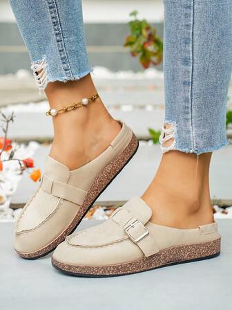 Women's Slip-On Loafers, Minimalist Fashion Versatile Comfortable Buckle Round Toe Breathable Solid Color Flat Slip-On Casual Shoes, Spring/Autumn New