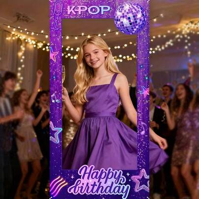 1pc Purple Disco Ball Photo Prop With Stars, K-Pop & Microphone Design - Vibrant Party Decorations For Birthdays, Themed Events, And Photo Booths - Durable Polyester