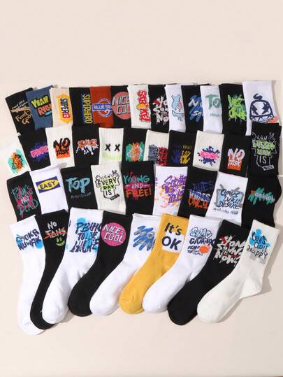 10双装儿童彩色涂鸦印花休闲中筒袜，适合青少年，春夏款