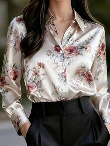 New Spring Fashion Women Satin Elegant Printed Blouse, Front Button Design, Suitable For Business Casual, Machine Washable Vacation - 混合色 - 查看 4