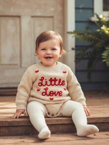 Conjunto de San Valentín para bebé niña y niño, suéter con corazón de amor pequeño, mono de punto grueso de manga larga, sudadera de gran tamaño con cuello redondo, prendas de punto, tops para recién nacidos, ropa de primavera e invierno - Albaricoque - Ver 3