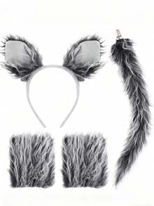 新款时尚个性多功能流行表演动物头饰灰狼耳朵头箍舞台表演游戏服装创意道具狼套装，包括灰狼耳朵头箍、手套和尾巴装饰配件套装 - 灰色 - 查看 2