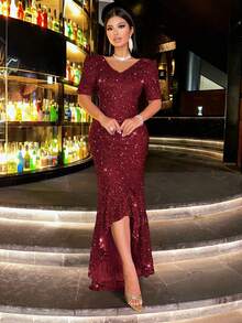 CHOSMO New Style Solid Color Shiny Elegant Sequin Embellished Front Short Back Long Open Back Women's Dress, Suitable For Evening Date, Wedding, Party, Anniversary, Holiday, Formal Dinner, Photoshoot, Wedding Guest, Graduation, Prom, Stage Performance And Concert, Valentine's Day - Burgundy - View 6