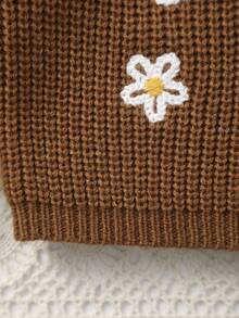 Infant Girls' Knitted Sweater With Delicate "Big Sister" Embroidery And White Floral Pattern, Soft And Cozy - Brown - View 5