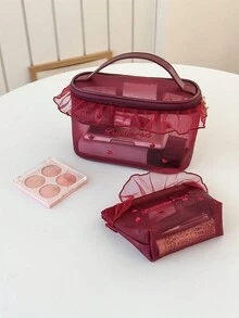 1 Pc Clear Mesh Women Makeup Bag Cute Flounce Edge Female Zipper Cosmetic Travel Portable Lipstick Bag Toiletry Washing Bag - Multicolor - View 5