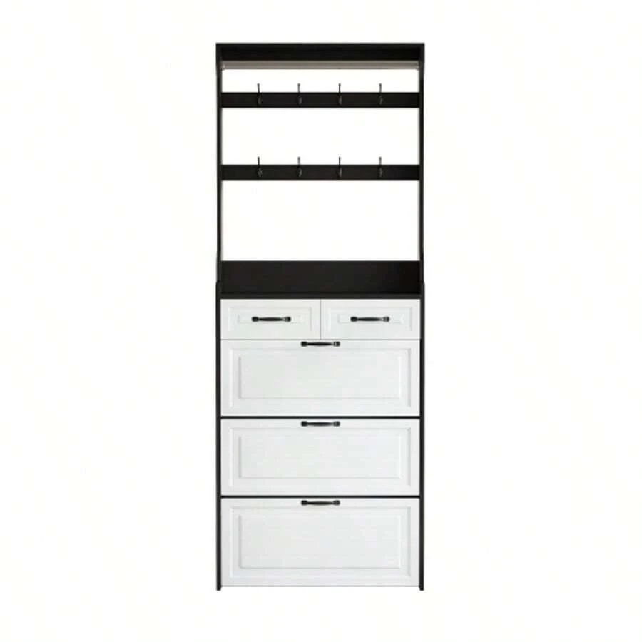 Black Shoe Cabinet With Coat Rack, 3 Doors, 2 Drawers - Black and White - View 1