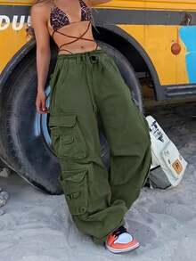 Quần cargo ống rộng màu trơn phong cách Y2K, cạp chun co giãn, nhiều túi, kiểu quần dù, thích hợp mặc hàng ngày, đi du lịch, đi chơi, câu lạc bộ hip hop, đi học, mùa thu dành cho nữ. - xanh quân đội - Xem 3