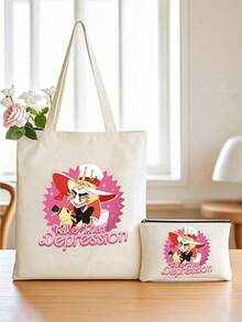 2 piezas/1 Set Bolso de lona con estampado "Supera la depresión", bolso de hombro para viajes y uso diario, bolso de compras, opción ideal como regalo, bolso plegable de viaje, bolso de lona, bolso de fin de semana, organizador de viaje de gran capacidad, artículos esenciales para cruceros y vacaciones para hombres y mujeres - Multicolor - Ver 5