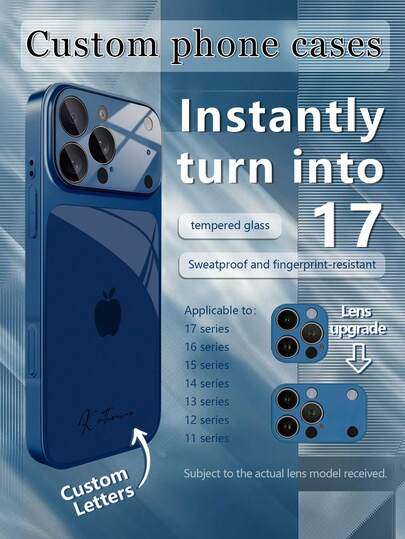 1 pieza Funda de teléfono personalizada minimalista con diseño de manzana azul, de lujo y moda, con vista amplia, de vidrio templado con protección de lente, mate y anti-caída, compatible con iPhone 17/17Pro/17ProMax/17Air/16/16Pro/16ProMax/16Plus/15/15Plus/15Pro/15ProMax/14/14Plus/14Pro/14ProMax/13/13Pro/13ProMax/12/11, accesorios de teléfono, cubierta protectora de alta gama de cobertura completa