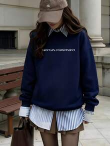 Women's Autumn And Winter MAINTAIN COMMITMENT Slogan Graphic Long Sleeved Crew Neck Sweatshirt ,Casual Loose And Versatile Holiday Style Tops,Fashionable Fall Women Clothes Suitable For Daily Wear - Navy Blue - View 1