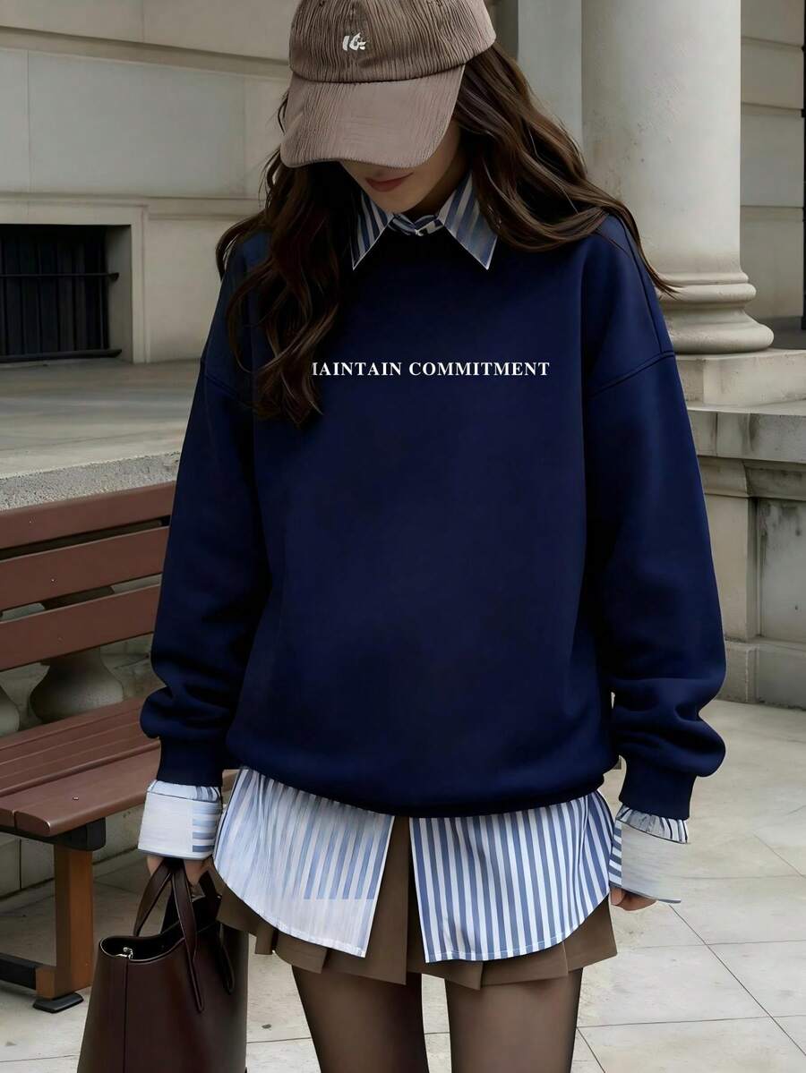 Women's Autumn And Winter MAINTAIN COMMITMENT Slogan Graphic Long Sleeved Crew Neck Sweatshirt ,Casual Loose And Versatile Holiday Style Tops,Fashionable Fall Women Clothes Suitable For Daily Wear - Navy Blue - View 1