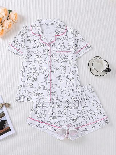 Bộ đồ ngủ nữ 2 món, kiểu dáng thường ngày, thích hợp cho mùa xuân/hè, gồm áo sơ mi tay ngắn cổ bẻ thoải mái với họa tiết hình vẽ chú chó và quần short cạp chun, phù hợp cho mặc ở nhà, dự tiệc và thư giãn.