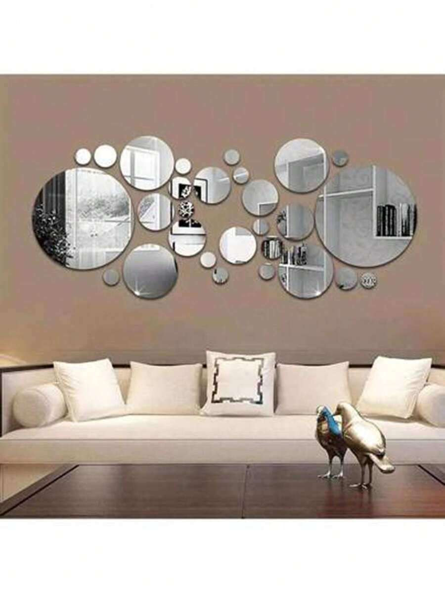 28pcs/Set 3D Acrylic Mirror Wall Sticker, Round Mirror, DIY Bedroom, Bathroom And TV Background Room Sticker Wall Decoration - Multicolor - View 1