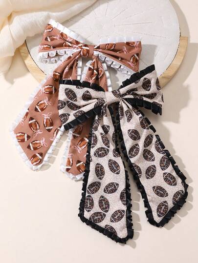1pc Women's Fashion Chic Brown Leopard Print, Pink Bow, Football Print, Ruffle Bow Hair Clip, Suitable For Daily, Sports Games, Party, Decoration