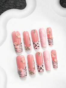 10 miếng dán móng tay hình hoa hồng màu hồng cho ngày Valentine, móng giả kiểu Pháp, trang trí móng tay hình trái tim vẽ tay, sơn móng tay màu hồng, miếng dán móng tay đính đá lấp lánh, họa tiết da báo và lượn sóng, 3 kích cỡ: hình hạnh nhân, hình quan tài, hình miệng vịt, bao gồm dụng cụ làm móng (1 miếng dán dạng thạch + 1 dũa móng), thích hợp cho ngày Valentine, đi làm, tiệc tùng, v.v. - Nhiều màu - Xem 4