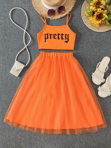2pcs/Set Girls Fashion Outfit, Orange Letter Strap Top + Tulle Princess Skirt Set, Suitable For Casual, Holiday, Summer Wear - Coral Orange - View 1