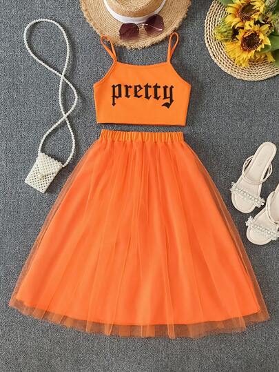 Girls' Orange Letter Print Sling & Mesh Princess Dress Set, Candy Color, Suitable For Summer, Outdoor Activities, Festivals, Gifts