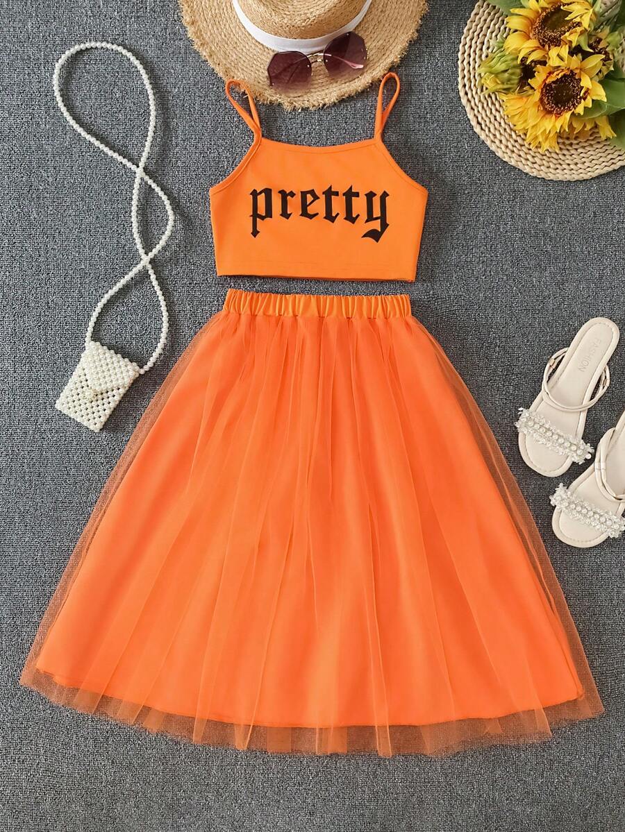 2pcs/Set Girls Fashion Outfit, Orange Letter Strap Top + Tulle Princess Skirt Set, Suitable For Casual, Holiday, Summer Wear - Coral Orange - View 1