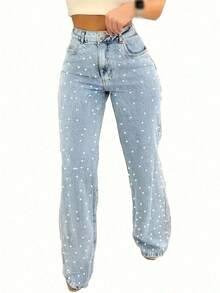 Women's Multi-Pocket Straight Jeans With Pearl Design, Women's Casual And Versatile Jeans Pantalones De Mujer Jean - 淺色水洗藍 - 查看 2