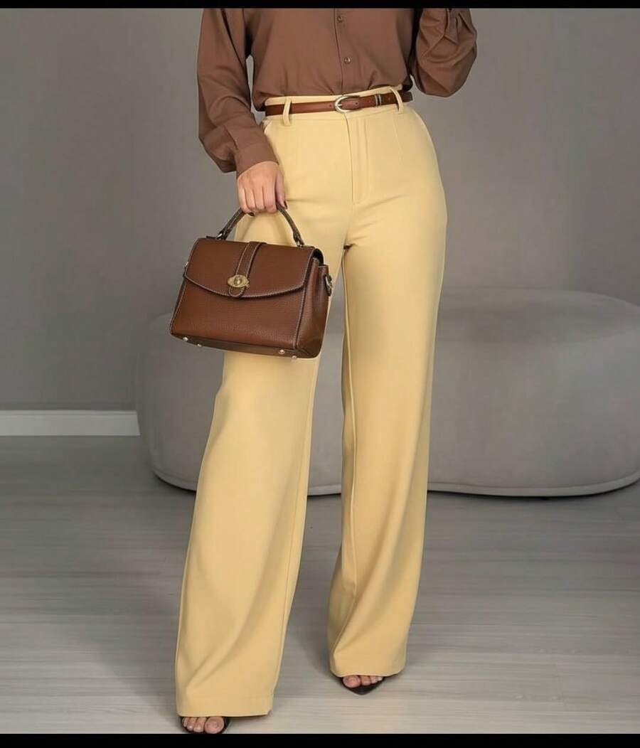 Women's Wide Leg Tailored Trousers With High Waist, Simple Zipper, Pockets, Sizes PP To GG, Office, Formal Evening And Night Wear, Modern Winter, Premium Textured Fabric - 奶油黃 - 查看 1