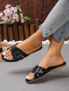 2026 New Style Multi-Strap Buckle Slip-On Sandals, Summer Must-Haves, Women Fashion Minimalist Wide Strap Sandals, Daily Casual Vacation Beach Non-Slip Soft Bottom Retro French Style Flat Shoes, Compatible With Dresses - Black - View 4