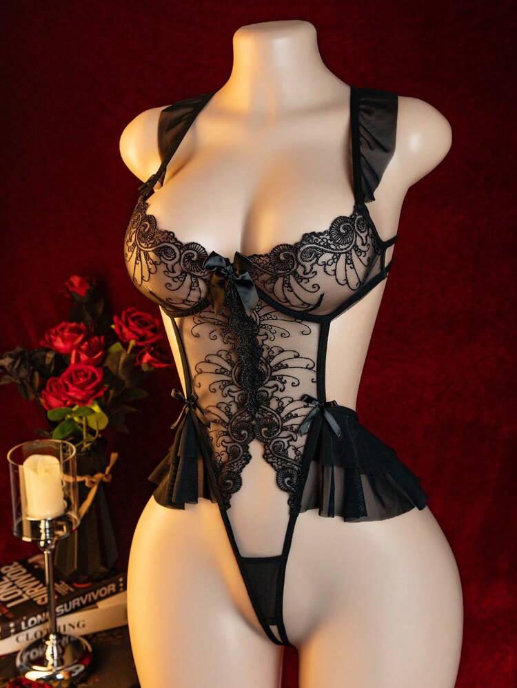 Lingerie Sexy, Bodysuit Cavado, Bodies Femininos e Macacões Justos e Sexy - Preto - Visão 7