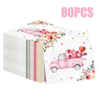 80/40/20pcs 13 * 13 Inch Disposable Valentine's Day Party Napkins, Loaded With Love And Flower Patterns On A Pink Truck, Suitable For Wedding Scenes, Friend Gatherings, Family Gatherings, Friend Dinners, Holiday Celebrations, Valentine's Day, Mother's Day, And Hotel Restaurant Decoration