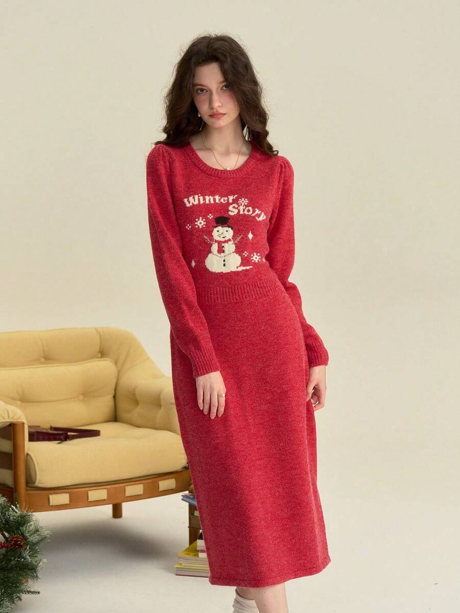 Simple Retro Women's Autumn And Winter Casual Round Neck Snowman Print Pattern Red Elegant Temperament High Elastic Long-Sleeved Jumper Dresses - Red - View 1