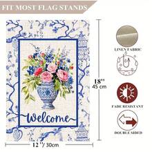 1pc Chinoiserie Garden Flag - 12x18 Inch Blue And White Spring Decor With Watercolor Pink Peonies, Butterfly, And Floral Design, Perfect For Easter, Summer, And Outdoor Holiday Decorations, No Flagpole Included, Outdoor Flag|Elegant Script Welcome Flag|Durable Linen Fabric - 12英寸x18英寸 - 查看 6
