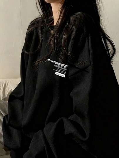 女式休闲宽松棉质卫衣，印有日文字母，百搭秋冬装