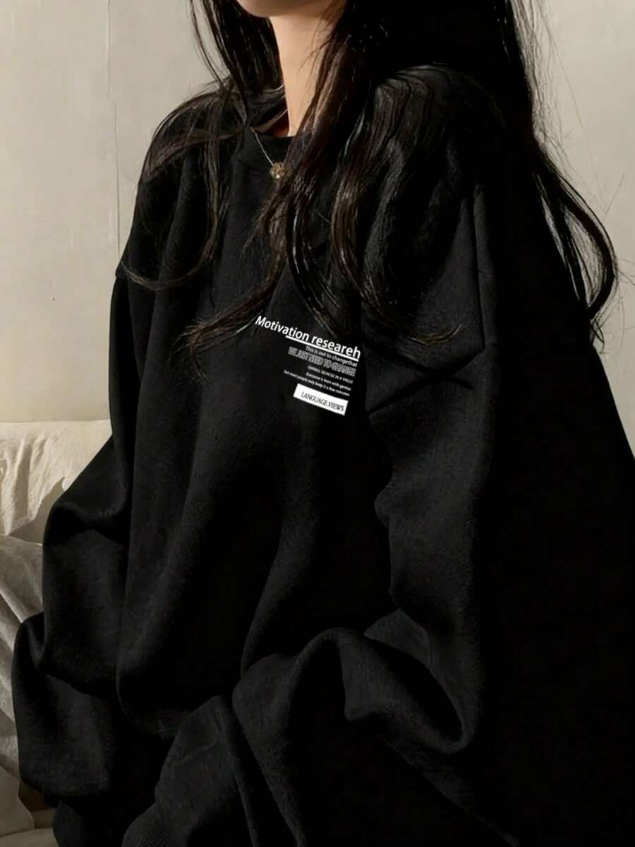 Women's Casual Loose Fit Cotton Sweatshirt With Japanese Letter Print, Versatile For Autumn/Winter - Black - View 1