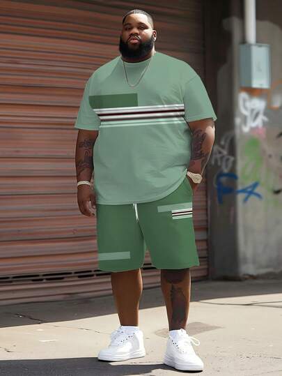 3D Graphic Print Plaid & Striped Patchwork Pattern Casual Short Sleeve Outfit For Plus Size Men, Stretchy Breathable Polyester, Loose Fit, Suitable For Daily Wear & Gatherings