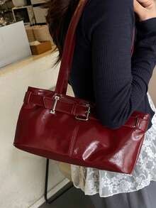 1pc Vintage Large Capacity Tote Bag, Commuter Oversized Underarm Bag, Fashion Motorcycle Women's Bag, PU Solid Color Oiled Wax Leather, Strap Decor, Zipper Closure, Women's Shoulder Bag For Work, College Student Backpack, Short Trip, Vacation, Shopping, Business, Suitable For Daily Use - Burgundy - View 3