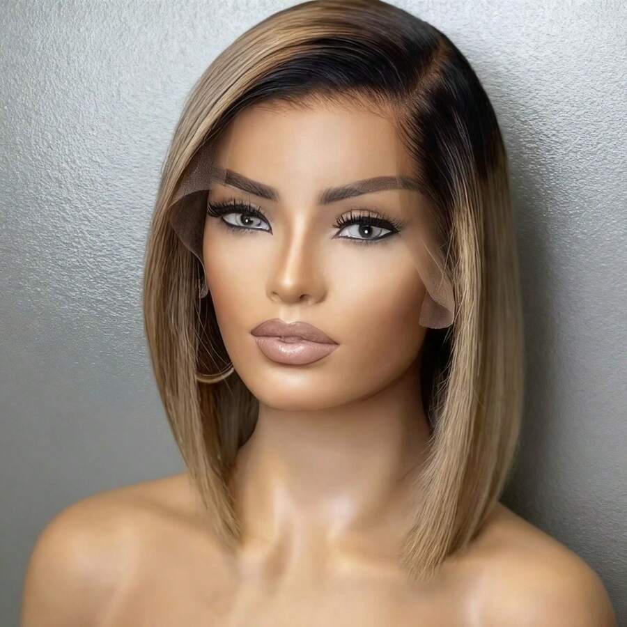 Ombre Blonde Bob Lace Front Wigs Human Hair With Dark Roots 180% Density 13x4 Lace Front Wigs Human Hair Glueless Short Ombre Blonde Bob Wigs Human Hair Pre Plucked For Women - 金色陰影 - 查看 1